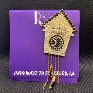 RARE DOROTHY BAUER‎ GOLD BLACK CRYSTAL CUCKOO CLOCK 4.25” BROOCH PIN NWT VINTAGE